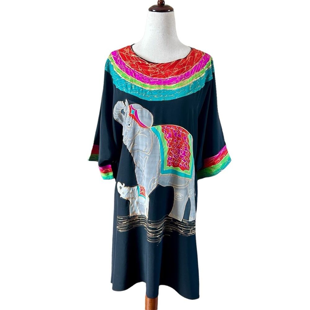 Hand Painted Silk Caftan or Tunic Dress Elephant Baby/Mother Trunk Up OS